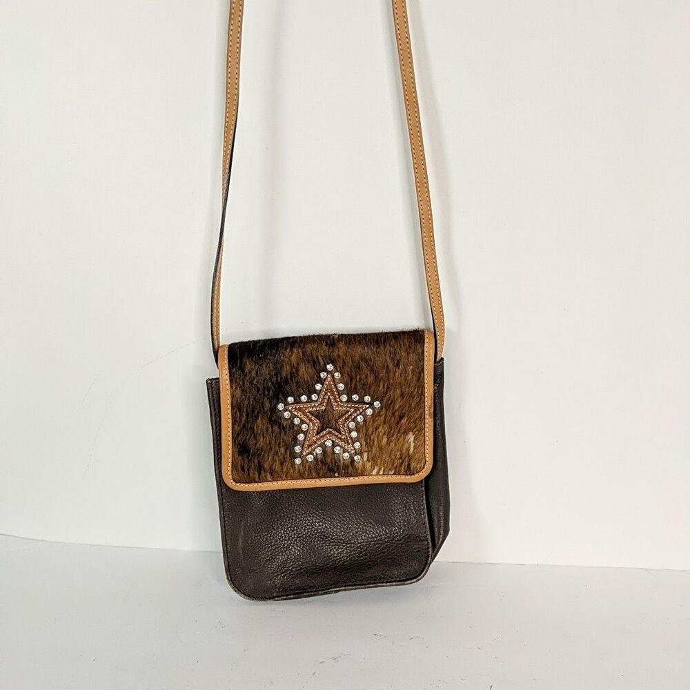Montana Silversmith Western Brown Leather Calf Hair On Bag Crossbody Star Front - Picture 11 of 11